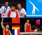 Подиум-гимнастика брусья, же Фэн (Китай), Марсель Нгуен (Германия) и Hamilton Sabot (Франция), Лондон-2012